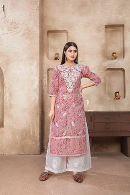 Smart and ethnic cotton fabric pink chikankari work kurta set 1
