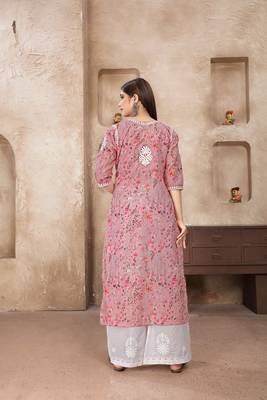 Smart and ethnic cotton fabric pink chikankari work kurta set 2