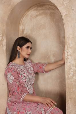 Smart and ethnic cotton fabric pink chikankari work kurta set 3