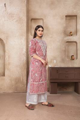 Smart and ethnic cotton fabric pink chikankari work kurta set 4