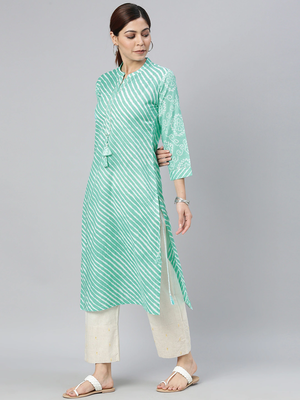 women sea green cotton leheriya printed straight kurta 3