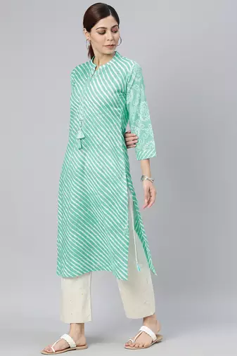 women sea green cotton leheriya printed straight kurta