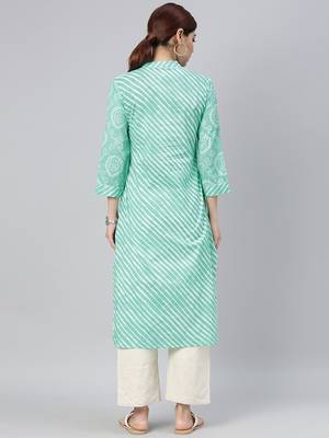 women sea green cotton leheriya printed straight kurta 4