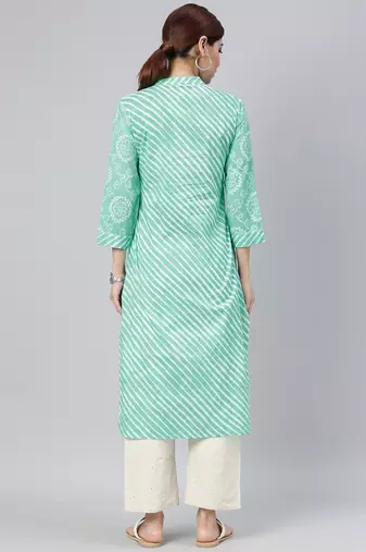 women sea green cotton leheriya printed straight kurta