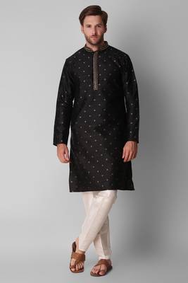 Black colour ethnic kurta payjama set with beautiful woven designer and neck zari work festive looks 1