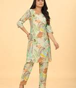 Green colour trendy viscose cotton fabric trendy top bottom set for party casual looks
