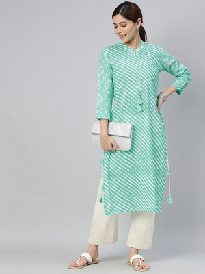 women sea green cotton leheriya printed straight kurta 5