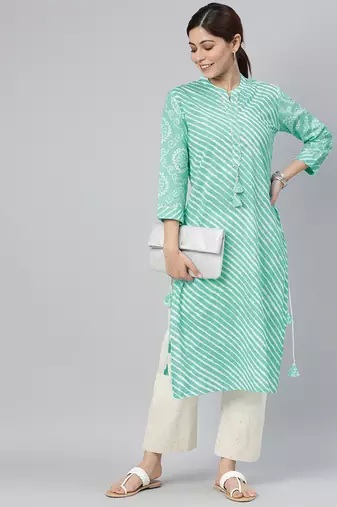 women sea green cotton leheriya printed straight kurta