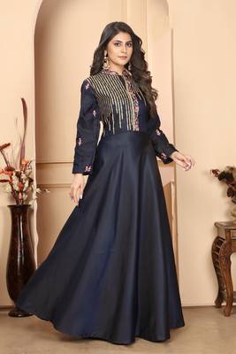 Heavy zari work blue colour graceful silk fabric partywear evening gown 1