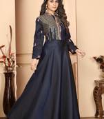 Heavy zari work blue colour graceful silk fabric partywear evening gown