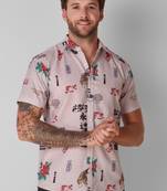 Navy blue colour pure classy looks designer printed linen blend shirt for men