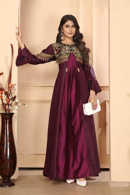 Heavy zari wine colour graceful silk partywear evening gown 1