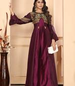 Heavy zari work wine colour graceful silk fabric partywear evening gown