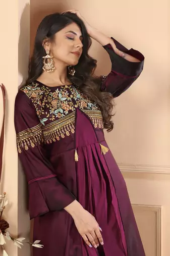 Heavy zari wine colour graceful silk partywear evening gown