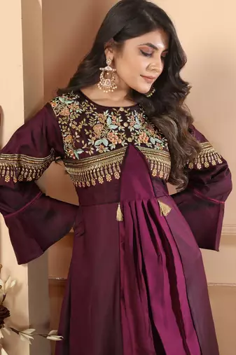 Heavy zari wine colour graceful silk partywear evening gown