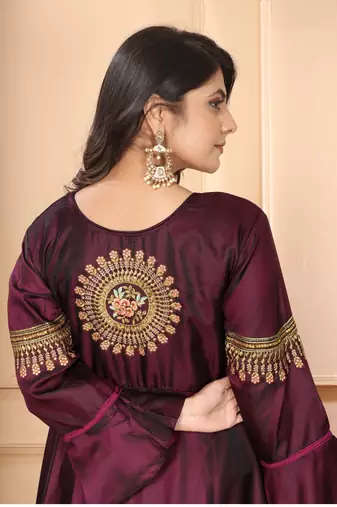 Heavy zari wine colour graceful silk partywear evening gown