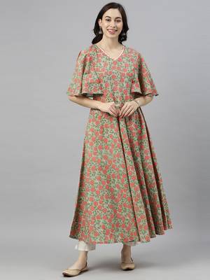 women green cotton floral printed anarkali kurta 1