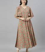 women green cotton floral printed anarkali kurta