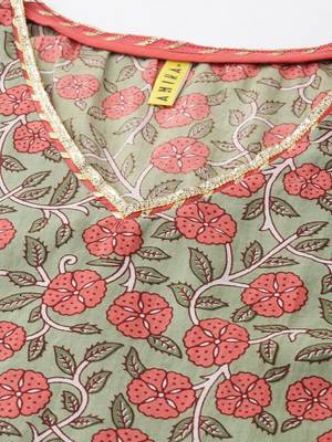 women green cotton floral printed anarkali kurta 2