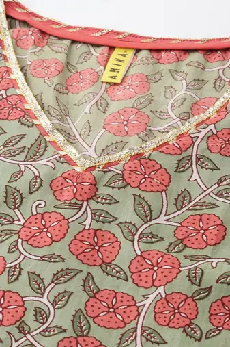 women green cotton floral printed anarkali kurta