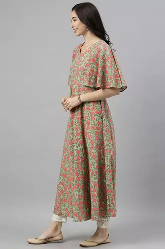 women green cotton floral printed anarkali kurta