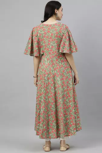 women green cotton floral printed anarkali kurta