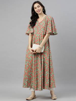 women green cotton floral printed anarkali kurta 5
