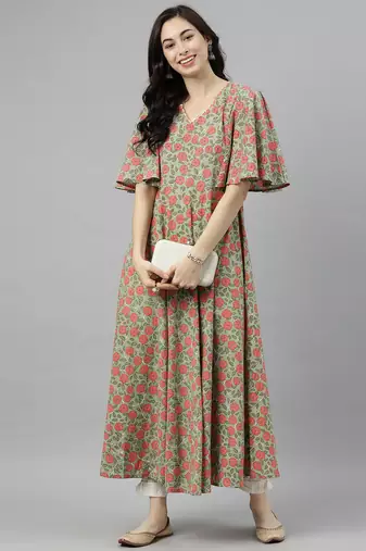 women green cotton floral printed anarkali kurta