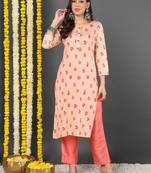 women peach cotton floral printed straight kurta