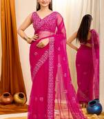 Beautiful Pink Colour Soft Net Saree With Beautiful Sequins Work