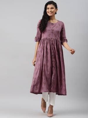 women mauve cotton ethnic motifs printed a-line kurta 1