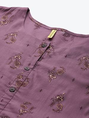 women mauve cotton ethnic motifs printed a-line kurta 2