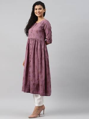 women mauve cotton ethnic motifs printed a-line kurta 3