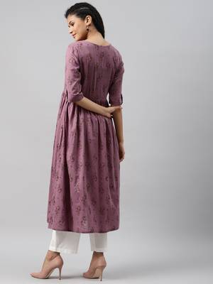 women mauve cotton ethnic motifs printed a-line kurta 4