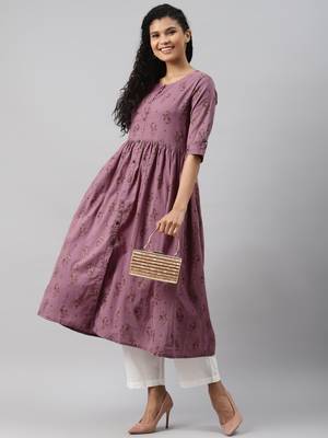 women mauve cotton ethnic motifs printed a-line kurta 5
