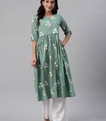 women sea green cotton ethnic motifs printed a-line kurta