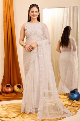 Beautiful Off White Colour Soft Net Saree With Beautiful Sequins Work 1