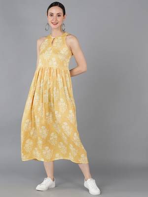 women yellow cotton ethnic motifs printed a-line kurta 1