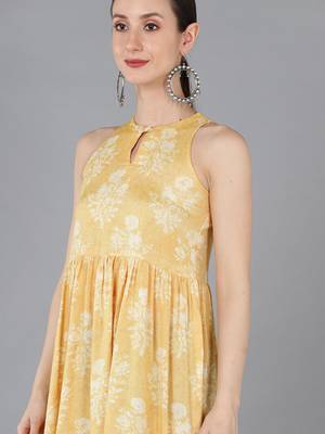 women yellow cotton ethnic motifs printed a-line kurta 2