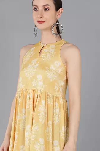 women yellow cotton ethnic motifs printed a-line kurta