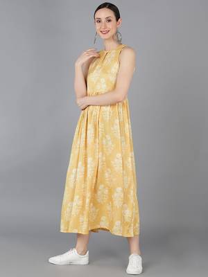 women yellow cotton ethnic motifs printed a-line kurta 3