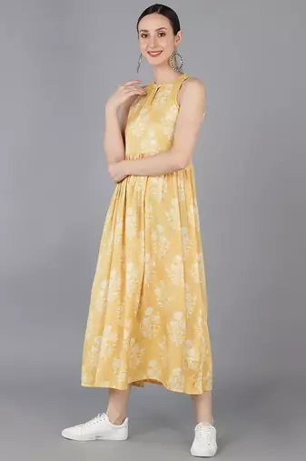 women yellow cotton ethnic motifs printed a-line kurta
