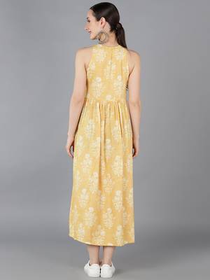 women yellow cotton ethnic motifs printed a-line kurta 4