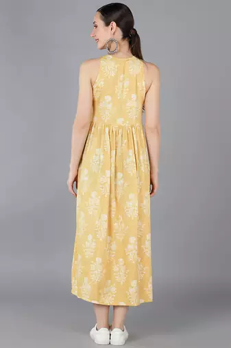 women yellow cotton ethnic motifs printed a-line kurta
