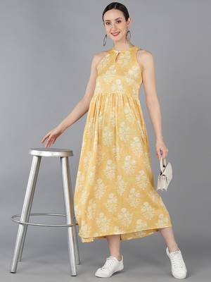 women yellow cotton ethnic motifs printed a-line kurta 5