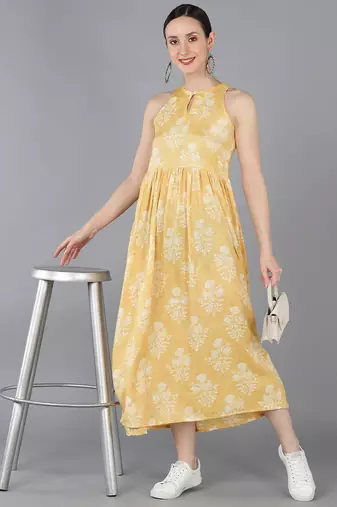women yellow cotton ethnic motifs printed a-line kurta
