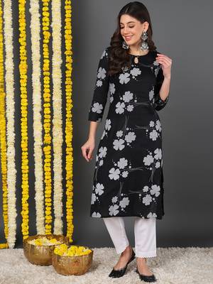 women black cotton floral printed straight kurta 1