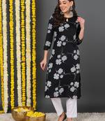 women black cotton floral printed straight kurta