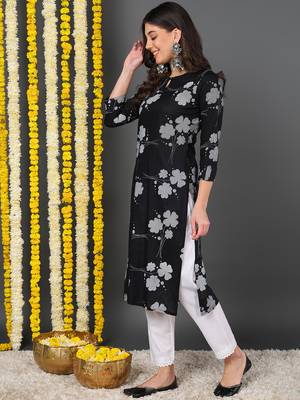 women black cotton floral printed straight kurta 3
