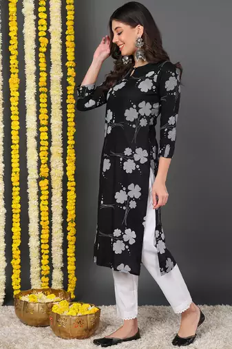 women black cotton floral printed straight kurta